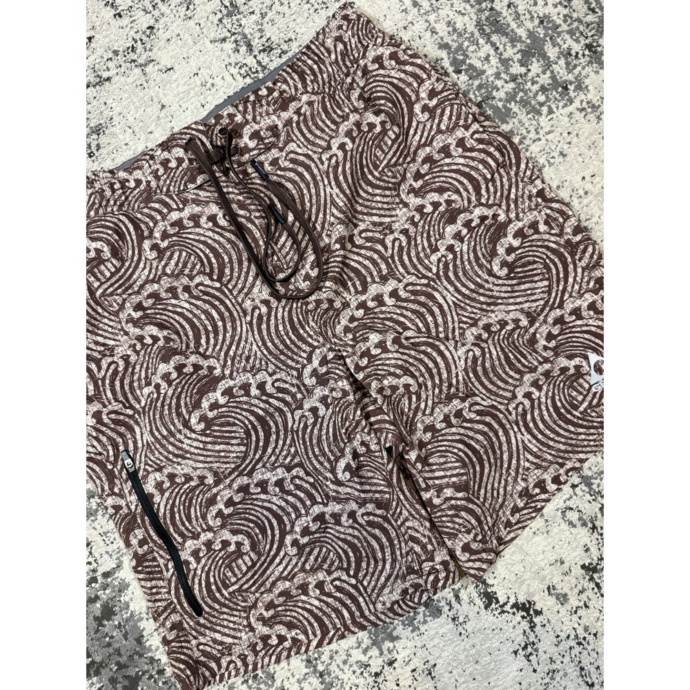 Gerry Mens Medium Brown Wave Print‎ Swim Trunks Board Shorts Lined Drawstring